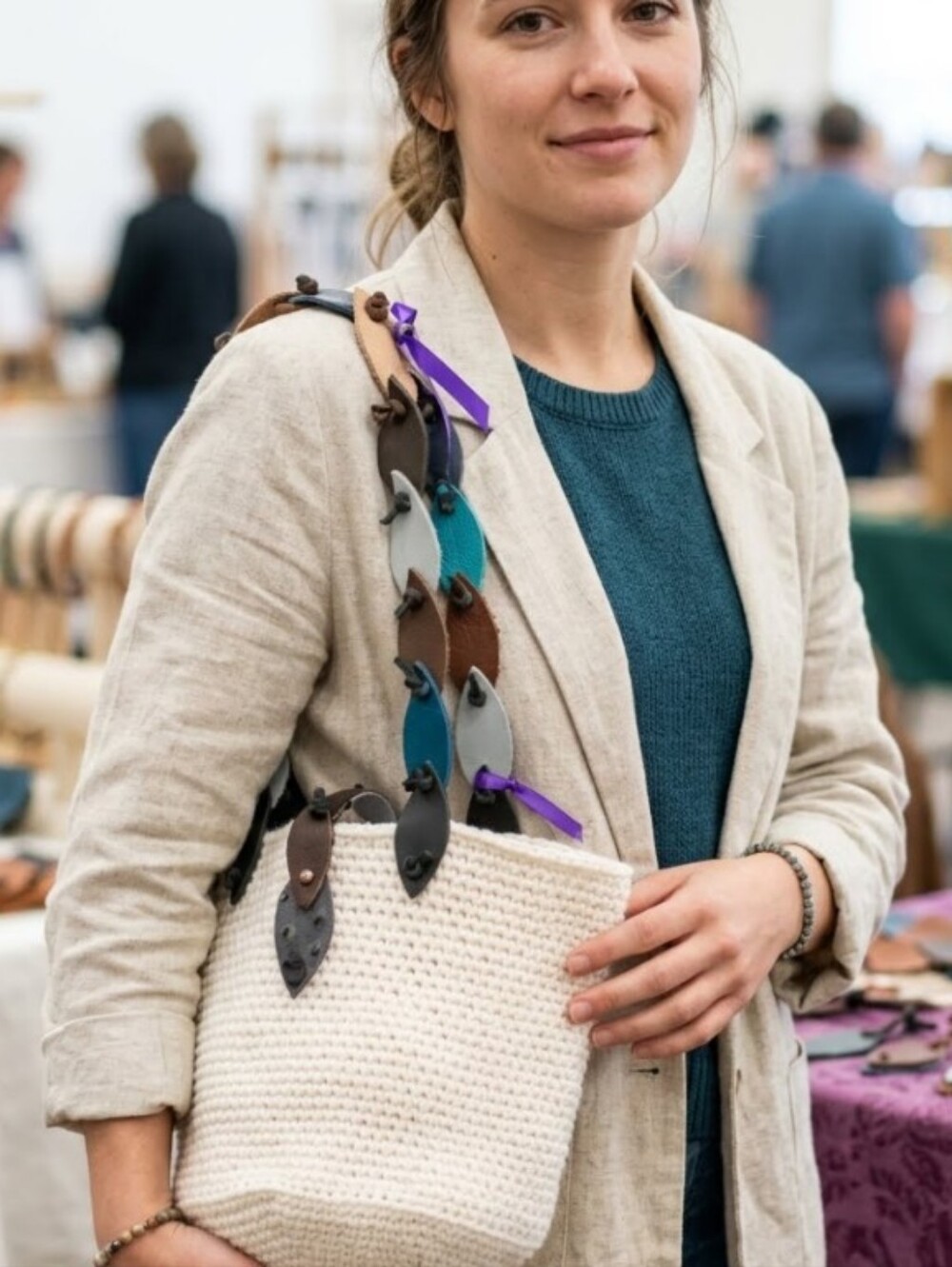 Handmade White Crochet Acrylic Round Tote Multicolor Leather Strap Closure